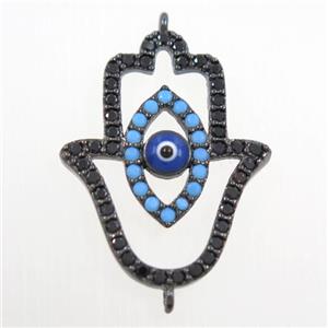 copper HamsaHand connector paved zircon, evil eye, black plated, approx 19-25mm