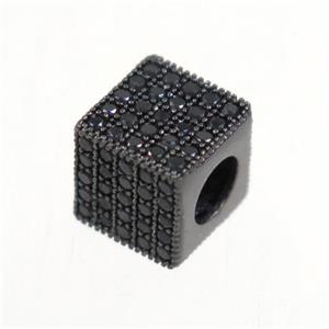 copper bead paved zircon, cube, black plated, approx 7x7x7mm, 4mm hole