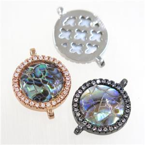 copper circle connector paved zircon with abalone shell, mixed, approx 13mm dia