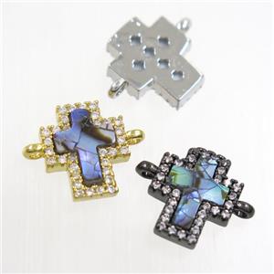 copper cross connector paved zircon with abalone shell, mixed, approx 10-11mm