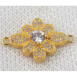 copper flower connector paved zircon, gold plated, approx 18-25mm