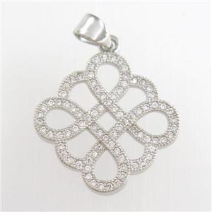 copper knot square pendants paved zircon, platinum plated, approx 16-20mm