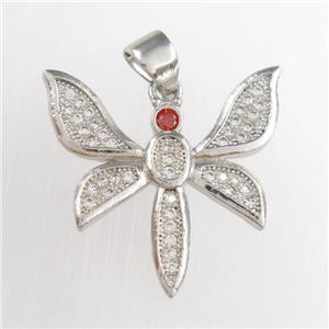 copper dragonfly pendants paved zircon, platinum plated, approx 20mm
