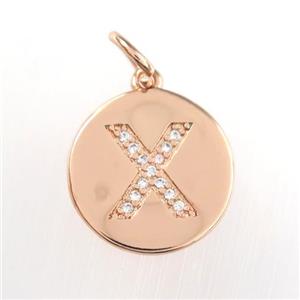 copper pendant paved zircon, letter X, rose gold, approx 15mm dia