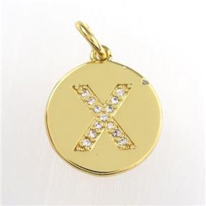 copper pendant paved zircon, letter X, gold plated, approx 15mm dia