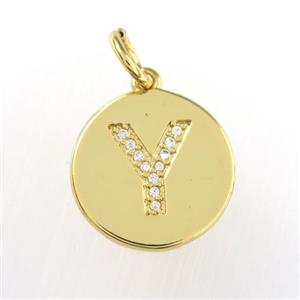 copper pendant paved zircon, letter Y, gold plated, approx 15mm dia
