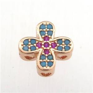 copper cross beads paved zircon, turq, rose gold, approx 10mm