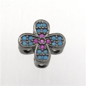 copper cross beads paved zircon, turq, black plated, approx 10mm