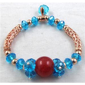 Chinese Crystal Glass Bracelet, jade, stretchy, blue, 60mm dia,jade:14mm, glass:8mm,tube:6mm ,25mm length