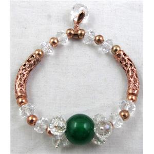 Chinese Crystal Glass Bracelet, jade, stretchy, clear, 60mm dia,jade:14mm, glass:8mm,tube:6mm,25mm length