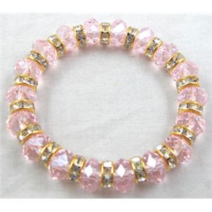 Chinese Crystal Glass Bracelet, rhinestone, stretchy, pink, 60mm dia, bead:10mm dia