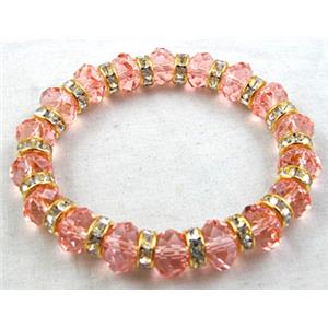Chinese Crystal Glass Bracelet, rhinestone, stretchy, rose-pink, 60mm dia, bead:10mm dia