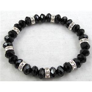 Chinese Crystal Glass Bracelet, rhinestone, stretchy, black, 60mm dia, bead:8mm