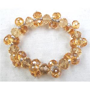 Chinese Crystal Glass Bracelet, stretchy, golden, 70mm dia, glass bead:10mm, 8mm