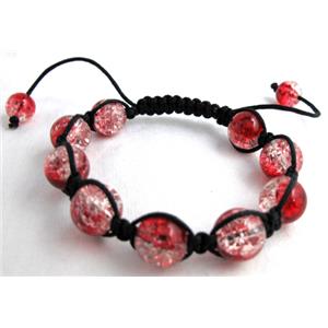 crackle Crystal Glass Bracelet, resizable, red, 12mm bead, 8 inch length