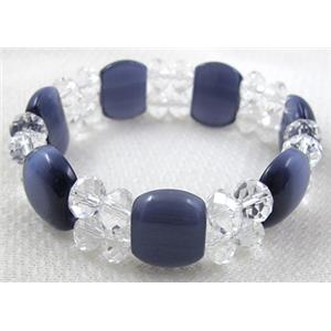 stretchy Bracelet with Chinese crystal beads, cat eye beads, 60mm dia,cat inchs bead:12.5x17.5mm, glass:8mm