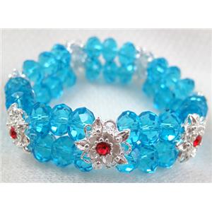 stretchy Bracelet with Chinese crystal beads, blue, 60mm dia, glass bead:8mm dia,flower:14mm