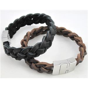 fashion bracelet with leather, stainless steel, handmade, mixed, approx 14mm wide, 20cm length