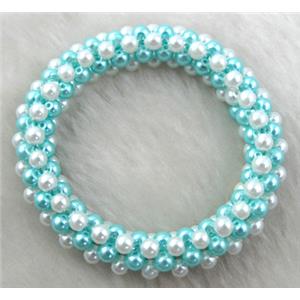 pearlized glass bracelet, stretchy, aqua, 10mm wide, 60mm dia, glass bead:4mm