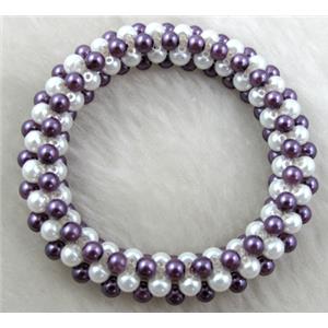 pearlized glass bracelet, stretchy, purple, 10mm wide, 60mm dia, glass bead:4mm