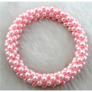 pearlized glass bracelet, stretchy, pink, 10mm wide, 60mm dia, glass bead:4mm