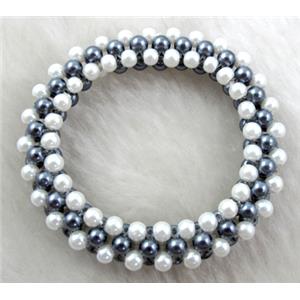 pearlized glass bracelet, stretchy, grey, white, 10mm wide, 60mm dia, glass bead:4mm