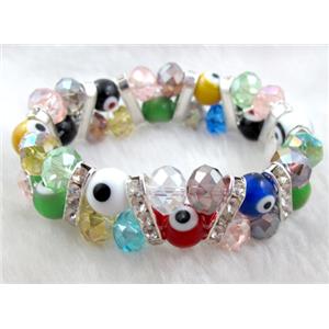 lampwork glass bracelet with crystal beads, stretchy, evil eye, 20mm wide, bead:10mm, 7 inch length