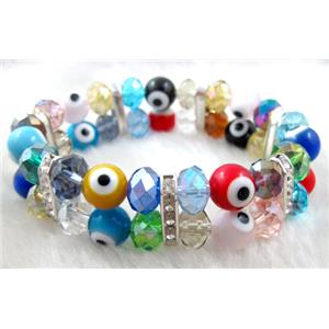 lampwork glass bracelet with crystal beads, stretchy, evil eye, 20mm wide, bead:10mm, 7 inch length