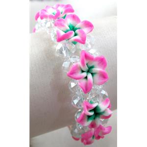 Fimo clay bracelet with crystal glass, stretchy, hot-pink, 20mm wide, approx 6.7 inch(17cm) length