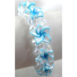 Fimo clay bracelet with crystal glass, stretchy, aqua, 20mm wide, approx 6.7 inch(17cm) length
