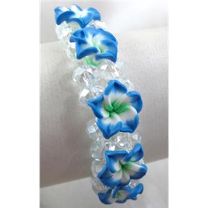 Fimo clay bracelet with crystal glass, stretchy, blue, 20mm wide, approx 6.7 inch(17cm) length