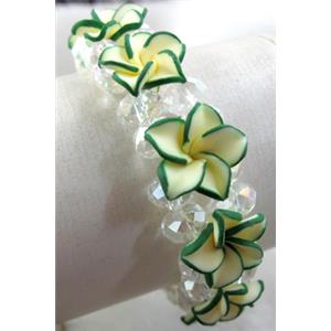 Fimo clay bracelet with crystal glass, stretchy, yellow, 20mm wide, approx 6.7 inch(17cm) length