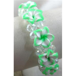 Fimo clay bracelet with crystal glass, stretchy, green, 20mm wide, approx 6.7 inch(17cm) length