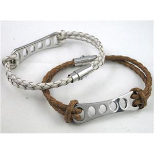 fashion bracelet with leather, stainless steel, handmade, mixed, approx 7mm wide, 20cm length
