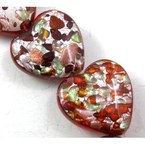 lampwork beads with silver foil, heart, red, 12mm dia, 33pcs per st