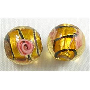 glass lampwork beads with silver foil, line, round, golden, 12mm dia