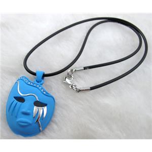 lacquered mask Necklace, alloy, rubber cord, blue, 30x42mm, 16 inch length