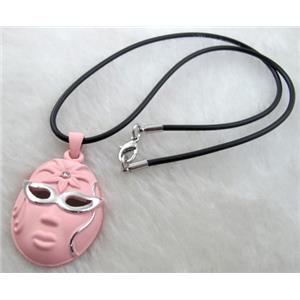 lacquered mask Necklace, alloy, rubber cord, 28x45mm, 16 inch length