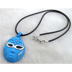 lacquered mask Necklace, alloy, rubber cord, blue, 28x45mm, 16 inch length