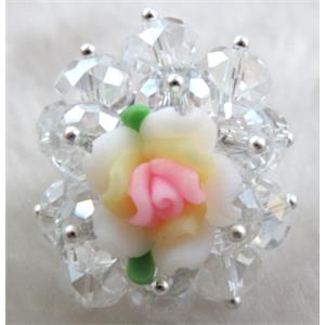 fimo clay ring with crystal glass, colorful, 30x35mm,ring:20mm, flower:16mm