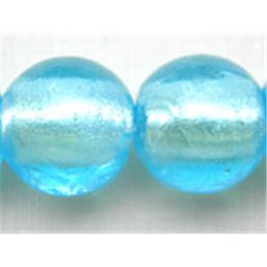 Lampwork Glass Beads with silver foil, round, aqua, 10mm dia