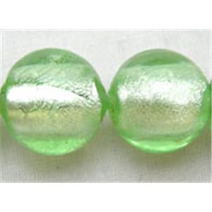 Lampwork Glass Beads with silver foil, round, lt.green, 10mm dia