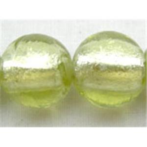 Lampwork Glass Beads with silver foil, round, lt.olive, 10mm dia