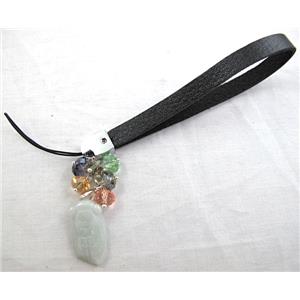 Mobile phone rope, PU leather, Jade Pendant, 14cm(5.5 inch ) length, glass bead:8mm