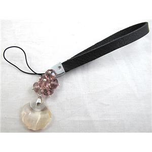 Mobile phone cord, String hanger PU leather, Crystal Fan Pendant, 14cm(5.5 inch ) length, glass bead:8mm