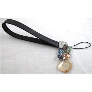 Mobile phone rope, String hanger PU leather, Square Crystal Pendant, 14cm(5.5 inch ) length, glass bead:8mm