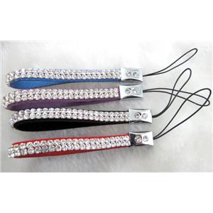 Mobile phone rope, String hanger, suede with 2 row rhinestone, mix, 8mm wide, 17cm length, 2rows rhinestone