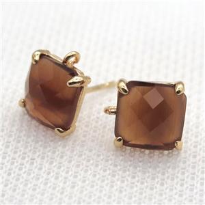 copper square stud Earrings with crystal glass, gold plated, approx 9x9mm