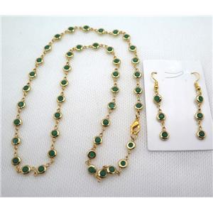 copper Jewelry Sets with green zircon, gold plated, approx 6mm, 48cm length, earring: 35mm
