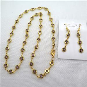 copper Jewelry Sets with purple zircon, gold plated, approx 6mm, 48cm length, earring: 35mm